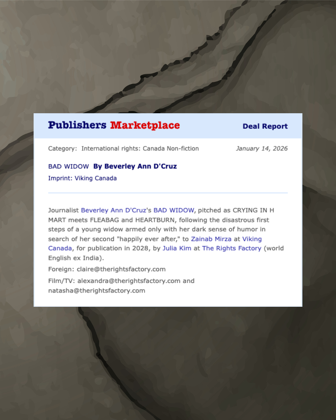 Publisher's Marketplace Bad Widow book announcement